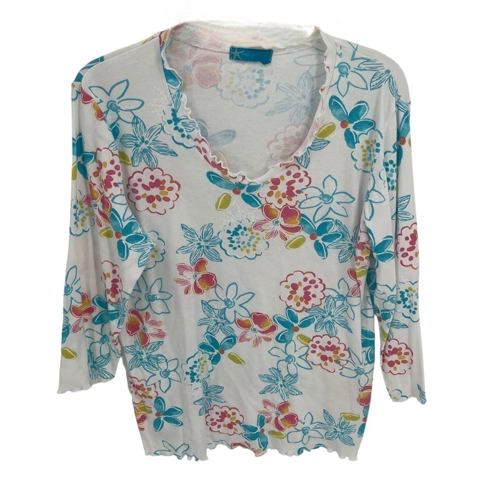 Fresh Produce White Floral Print Top Size L Cotton Stretch Ruffle Edge Shirt